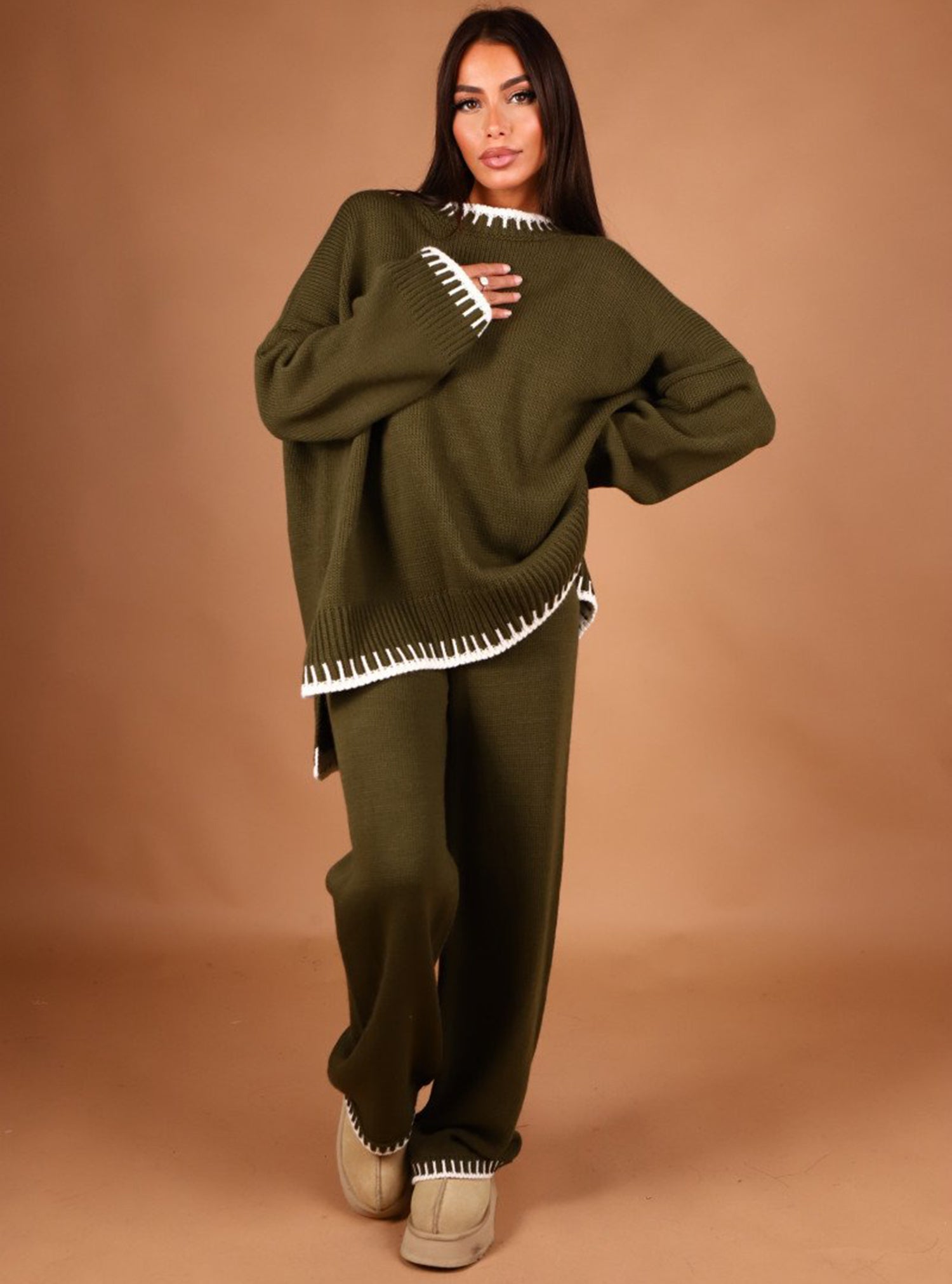 Kim Women Stitched Knitted Jumper Top Wide Leg Trousers 2 PCS Co ord Lounge Wear Set