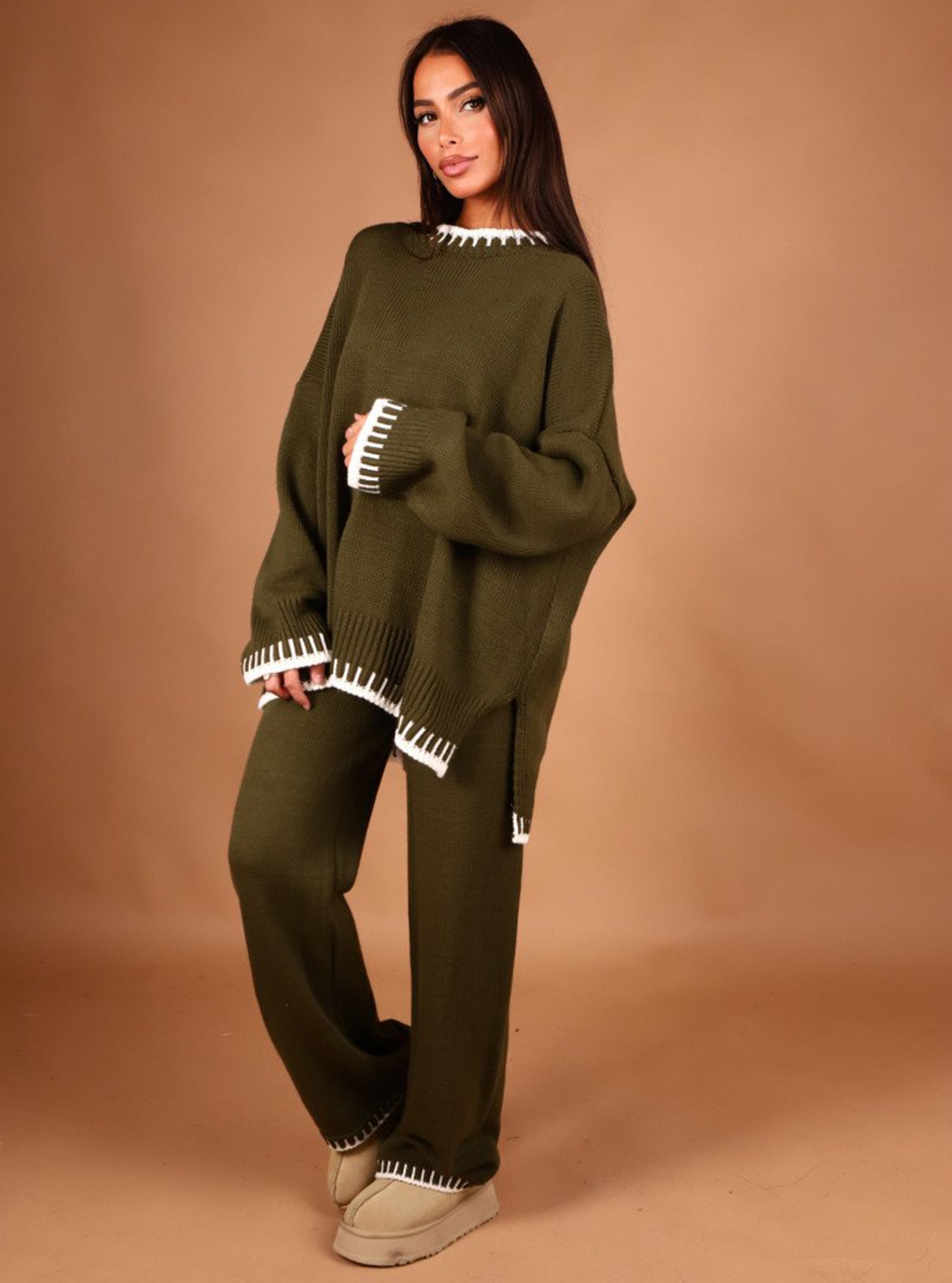 Women Stitched Knitted Jumper Top Wide Leg Trousers 2 PCS Co ord Lounge Wear Set