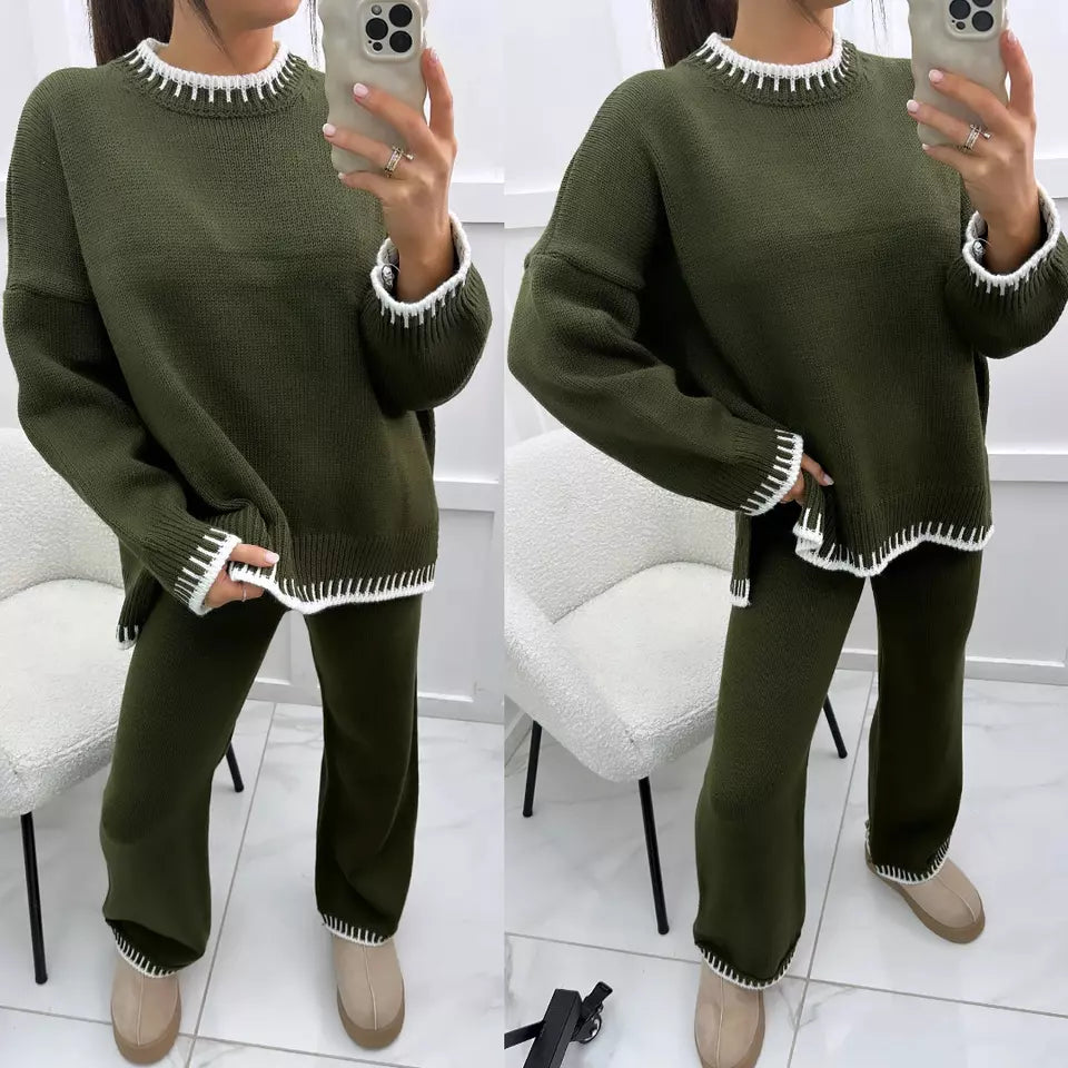 Women Stitched Knitted Jumper Top Wide Leg Trousers 2 PCS Co ord Lounge Wear Set