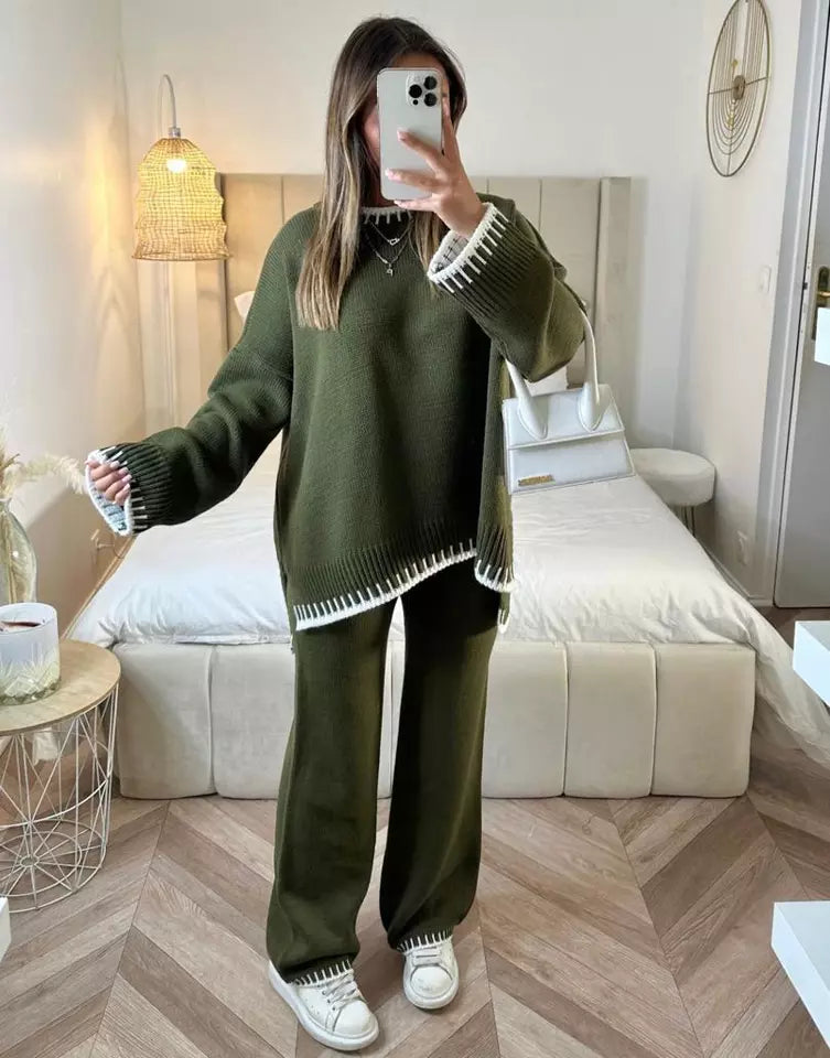 Kim Women Stitched Knitted Jumper Top Wide Leg Trousers 2 PCS Co ord Lounge Wear Set