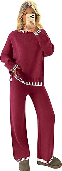 Kim Women Stitched Knitted Jumper Top Wide Leg Trousers 2 PCS Co ord Lounge Wear Set