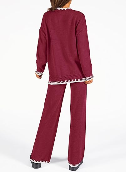 Kim Women Stitched Knitted Jumper Top Wide Leg Trousers 2 PCS Co ord Lounge Wear Set