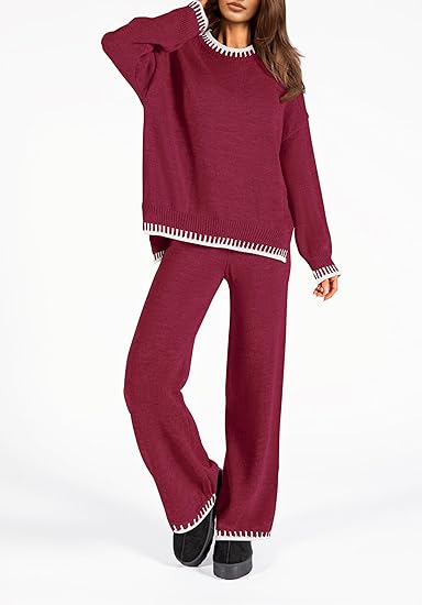 Kim Women Stitched Knitted Jumper Top Wide Leg Trousers 2 PCS Co ord Lounge Wear Set