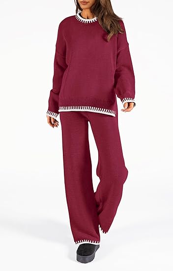 Kim Women Stitched Knitted Jumper Top Wide Leg Trousers 2 PCS Co ord Lounge Wear Set