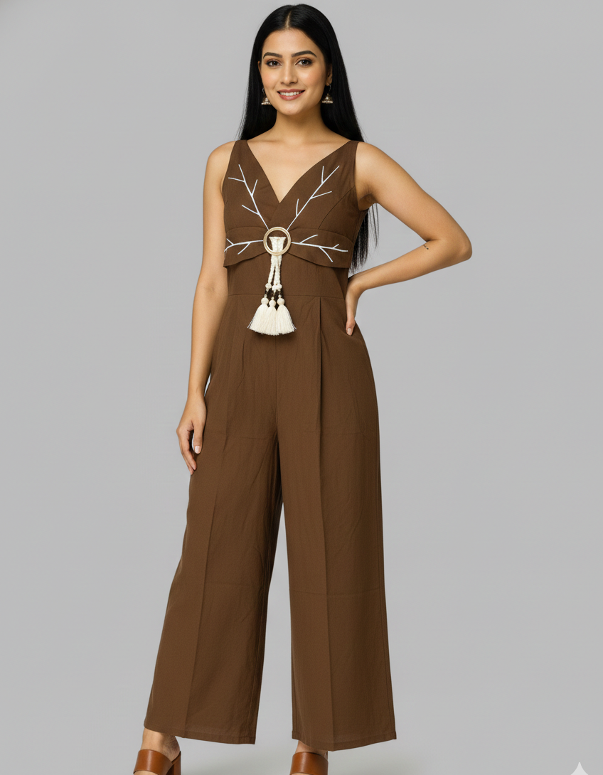 Leena Linen And Cotton Blend Floral Embroidery Jumpsuit