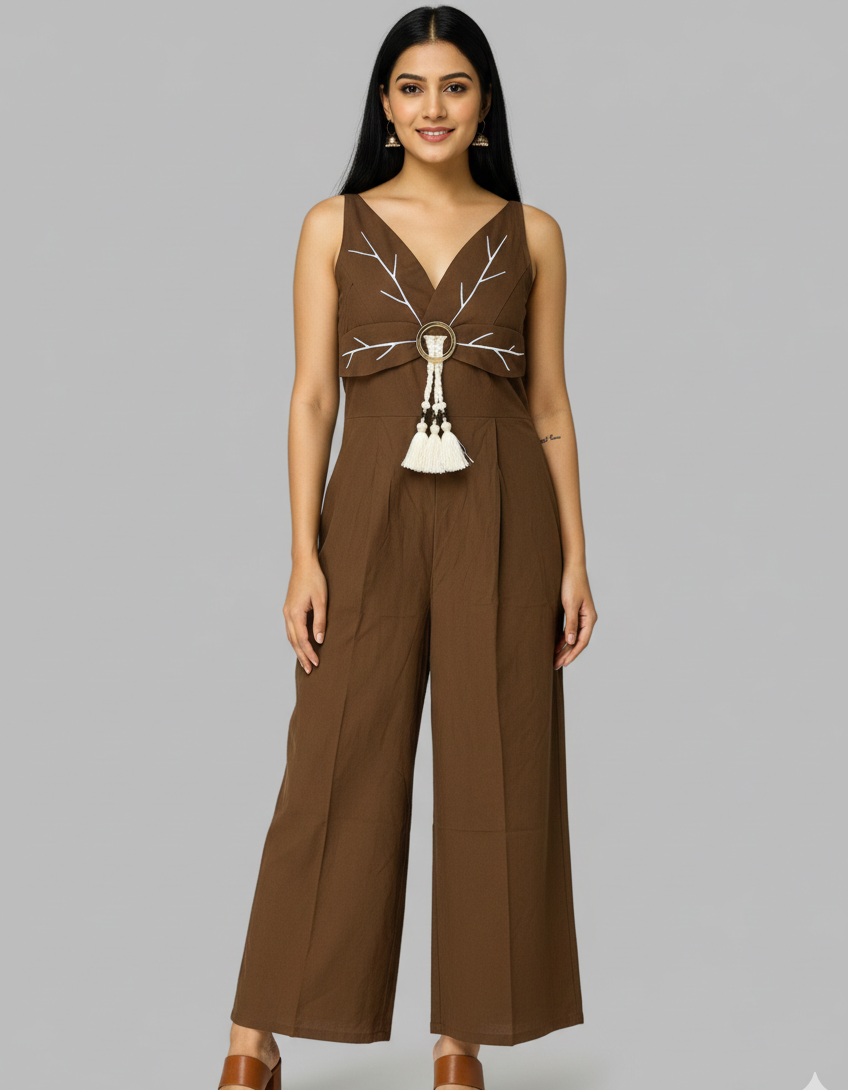 Leena Linen And Cotton Blend Floral Embroidery Jumpsuit