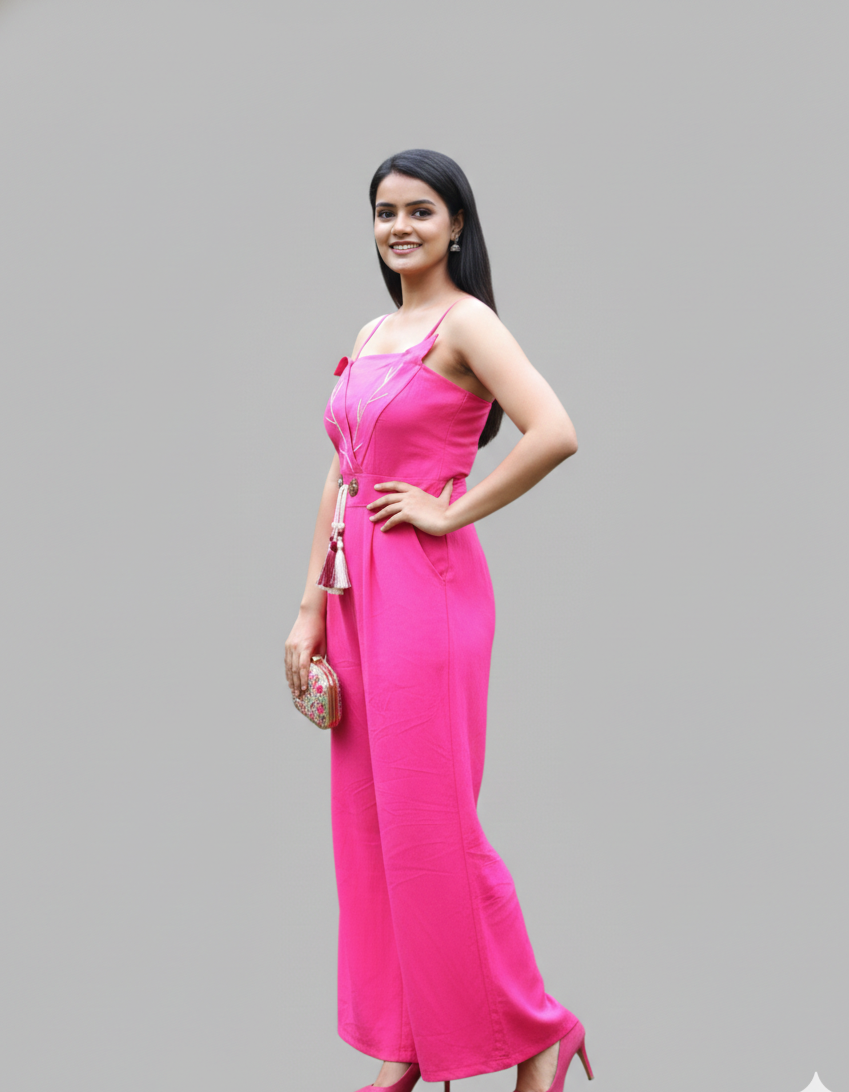 Leena Linen And Cotton Blend Floral Embroidery Jumpsuit