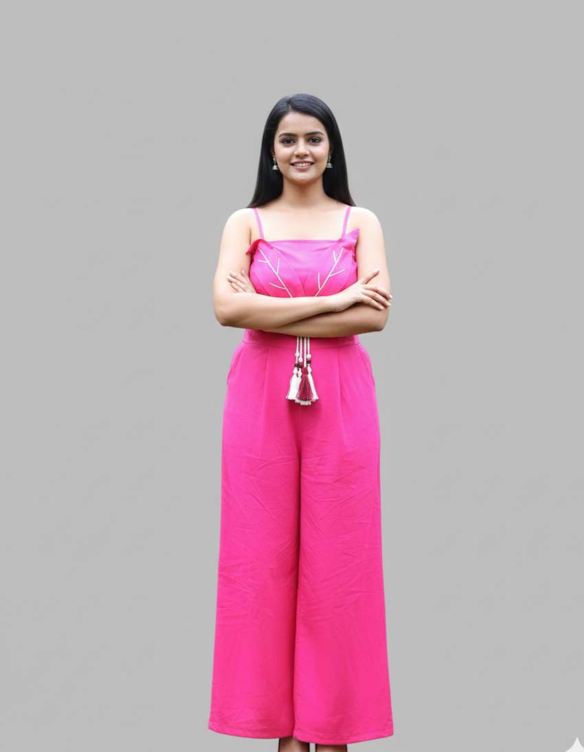 Leena Linen And Cotton Blend Floral Embroidery Jumpsuit