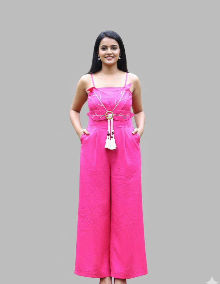 Leena Linen And Cotton Blend Floral Embroidery Jumpsuit