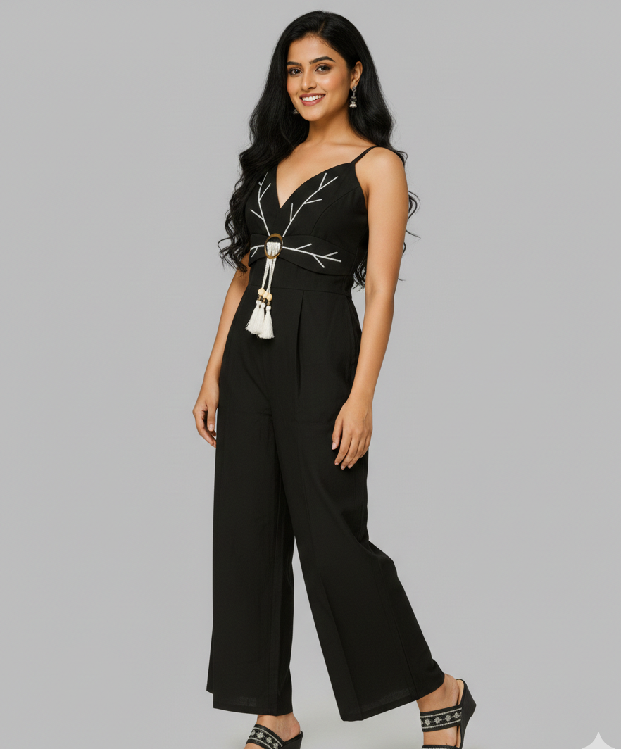Leena Linen And Cotton Blend Floral Embroidery Jumpsuit