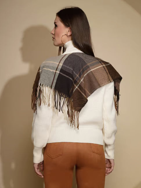 Esther Plaid Cape Knitted High Neck Down Button Poncho Sweater