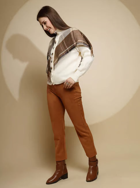 Esther Plaid Cape Knitted High Neck Down Button Poncho Sweater