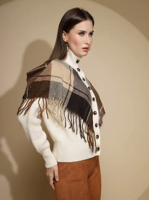 Esther Plaid Cape Knitted High Neck Down Button Poncho Sweater