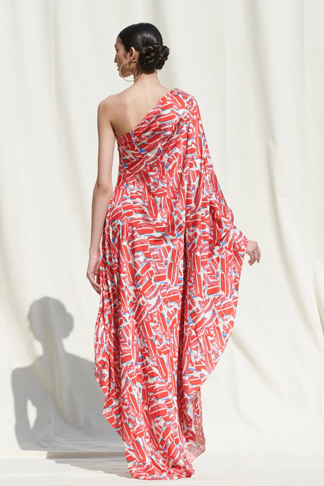 Abstract Printed One Shoulder Extended sleeves Silk Satin Kaftan Maxi Dress