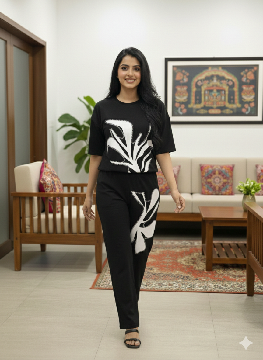 Nazreen Women Printed With Rhinestone Work Co-Ord set Top And Pants