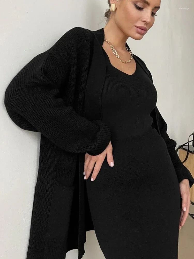 Premium Women's  Sweater Outfit Sets Long Sleeve Knit Shrug Body con Midi Skirt Dress