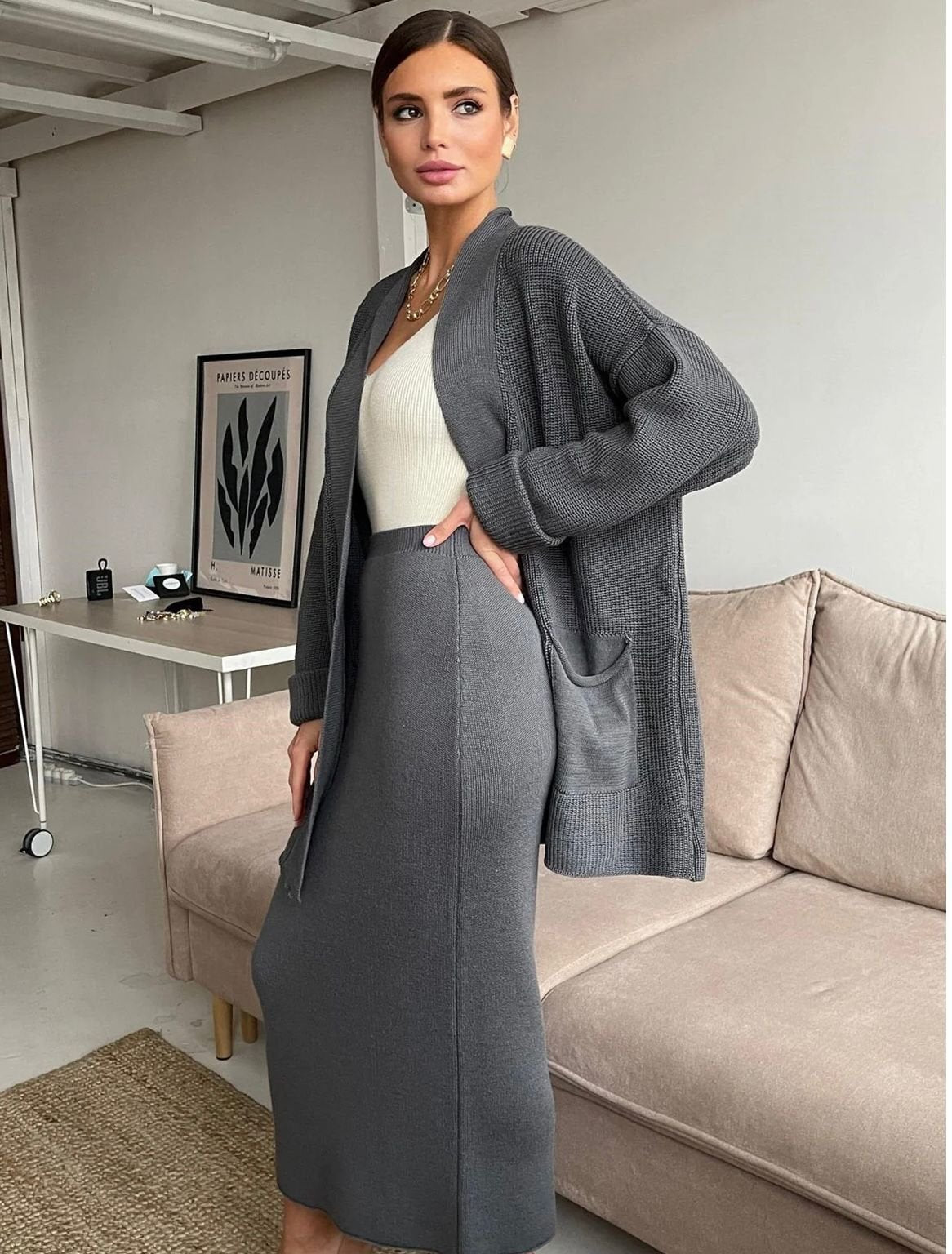 Premium Women's  Sweater Outfit Sets Long Sleeve Knit Shrug Body con Midi Skirt Dress