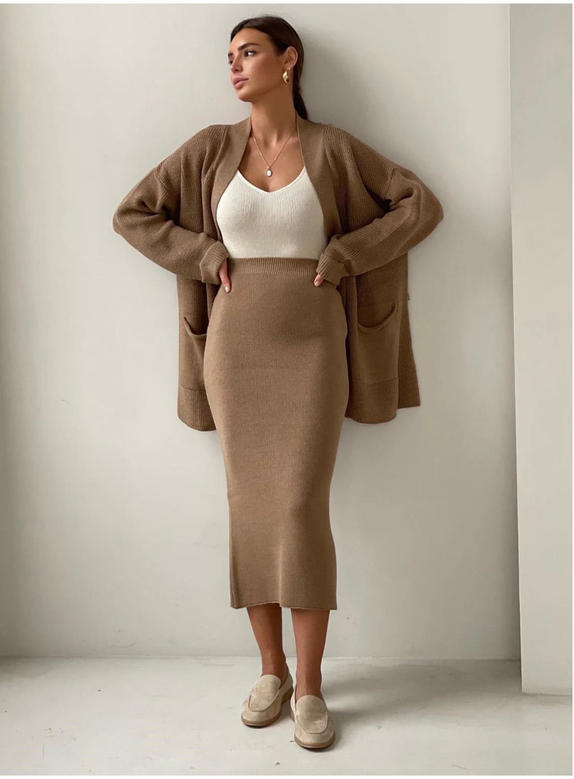 Premium Women's  Sweater Outfit Sets Long Sleeve Knit Shrug Body con Midi Skirt Dress