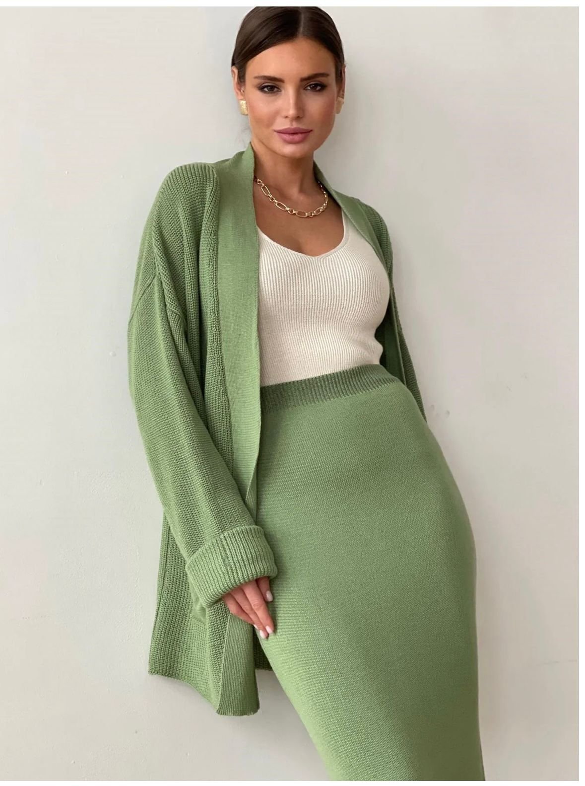 Premium Women's  Sweater Outfit Sets Long Sleeve Knit Shrug Body con Midi Skirt Dress