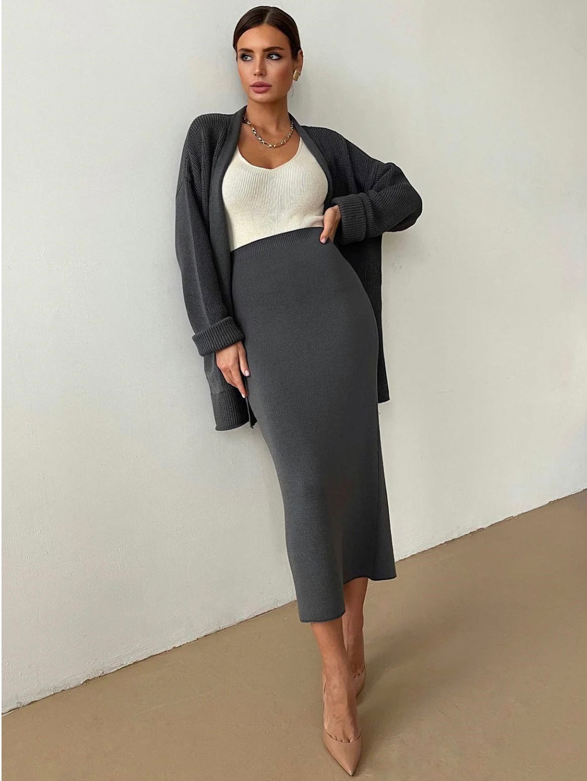 Premium Women's  Sweater Outfit Sets Long Sleeve Knit Shrug Body con Midi Skirt Dress