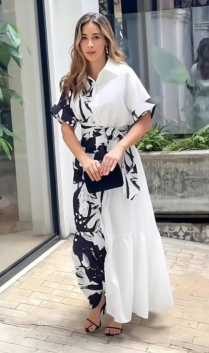 Luxurious Black & White Abstract Print Maxi Dress with Belt and V-Neck Style Dress