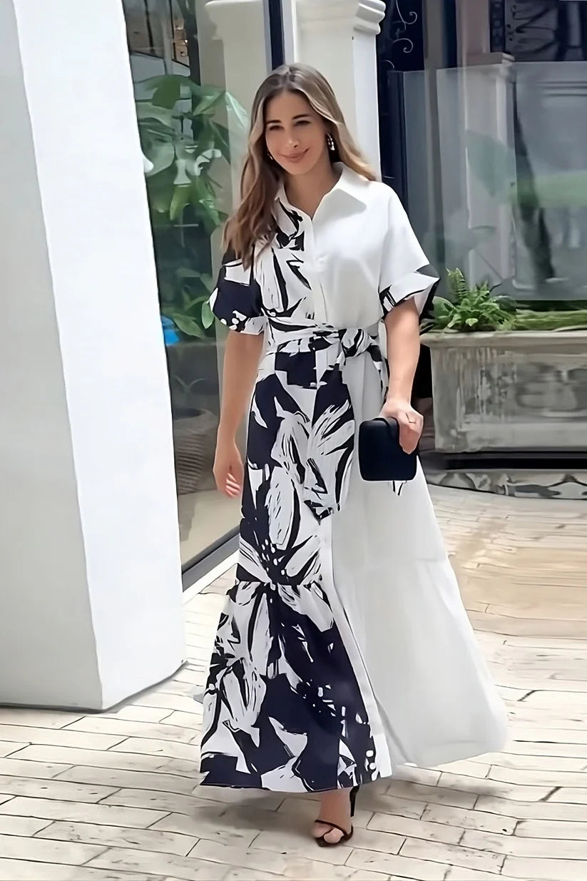 Luxurious Black & White Abstract Print Maxi Dress with Belt and V-Neck Style Dress