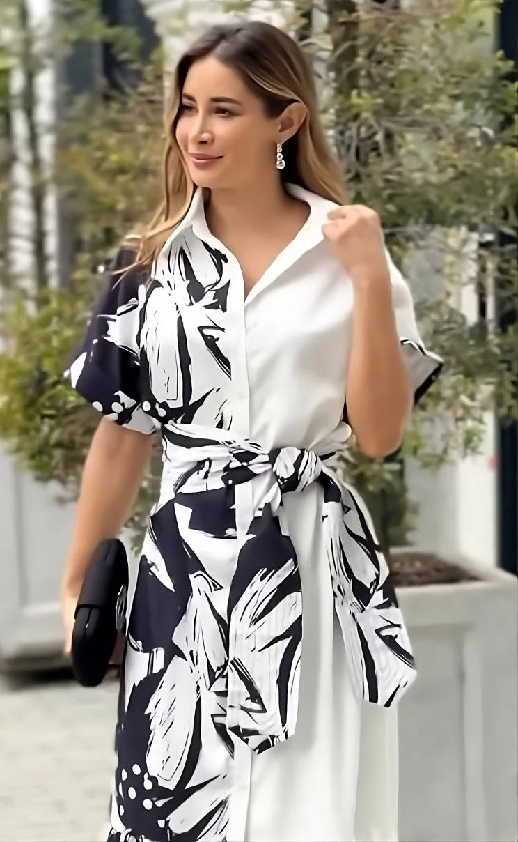 Luxurious Black & White Abstract Print Maxi Dress with Belt and V-Neck Style Dress