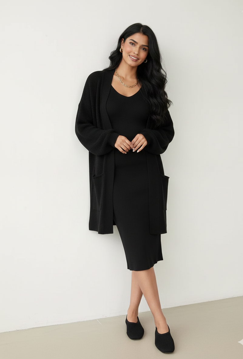 Premium Women's  Sweater Outfit Sets Long Sleeve Knit Shrug Body con Midi Skirt Dress