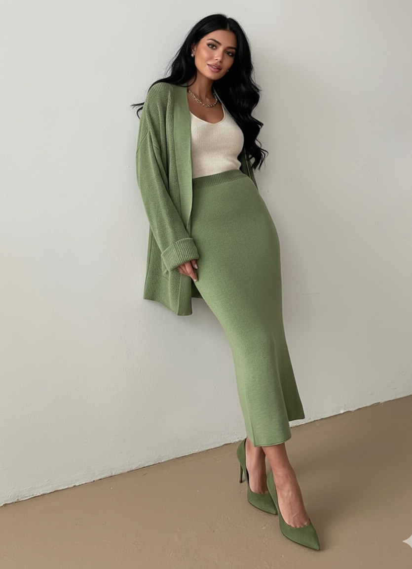 Premium Women's  Sweater Outfit Sets Long Sleeve Knit Shrug Body con Midi Skirt Dress