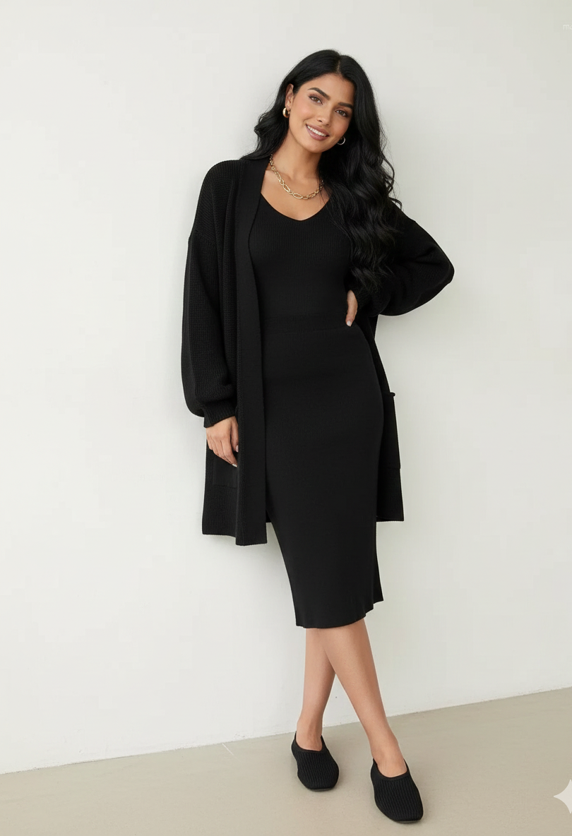 Premium Women's  Sweater Outfit Sets Long Sleeve Knit Shrug Body con Midi Skirt Dress