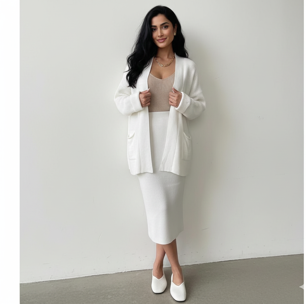 Premium Women's  Sweater Outfit Sets Long Sleeve Knit Shrug Body con Midi Skirt Dress