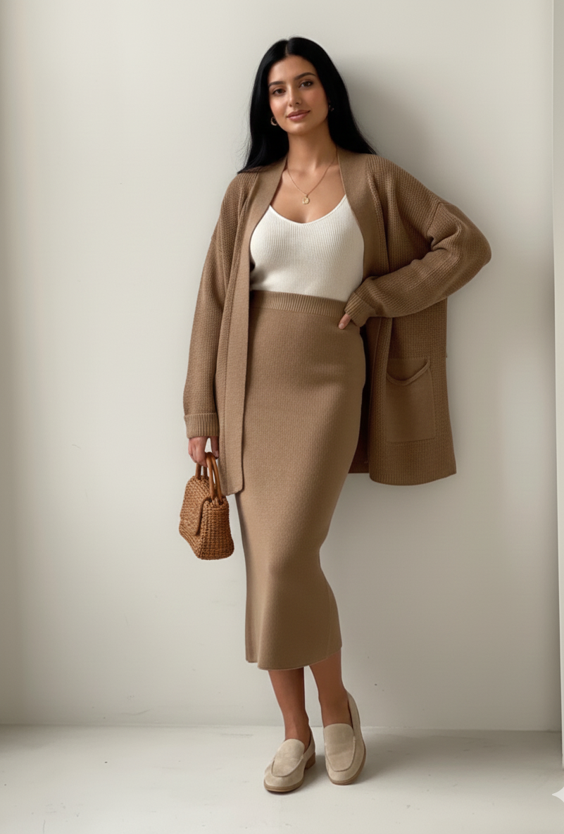 Premium Women's  Sweater Outfit Sets Long Sleeve Knit Shrug Body con Midi Skirt Dress