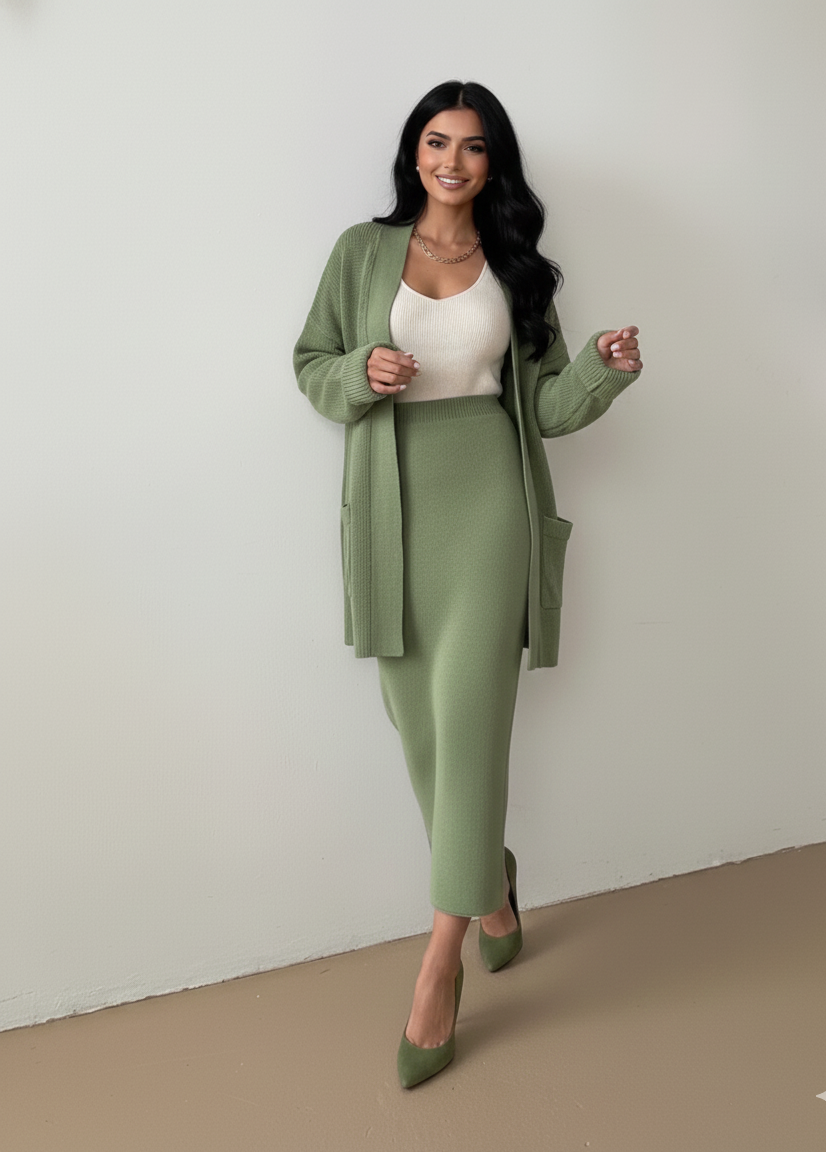 Premium Women's  Sweater Outfit Sets Long Sleeve Knit Shrug Body con Midi Skirt Dress