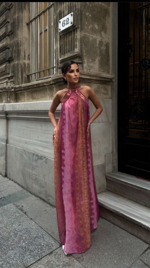 Kate Tie-Dye Maxi Dress With Sequins Round Neck