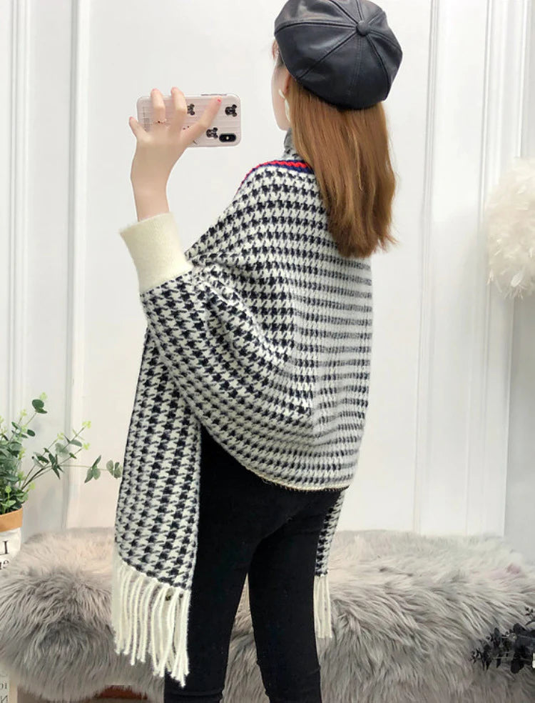 James Checkers Striped Shawl Poncho with Arm Holes And Pocket