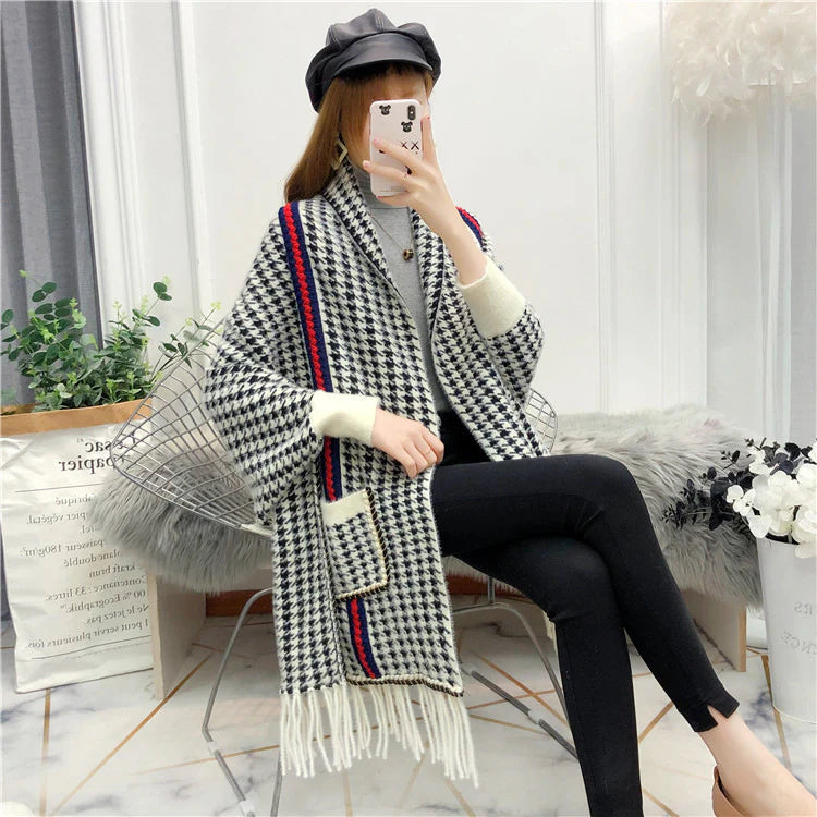 James Checkers Striped Shawl Poncho with Arm Holes And Pocket