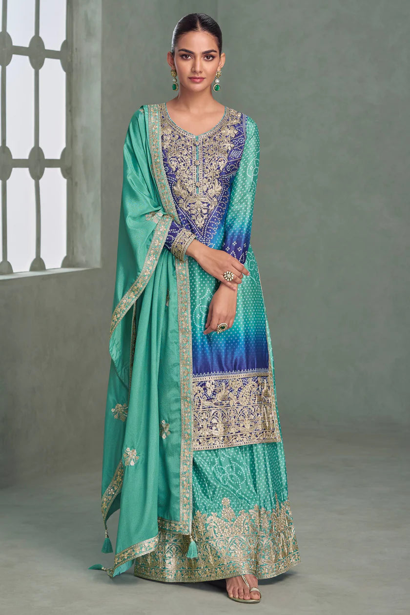 Bebika Chinon Silk  Embroidery Palazzo Suit Set