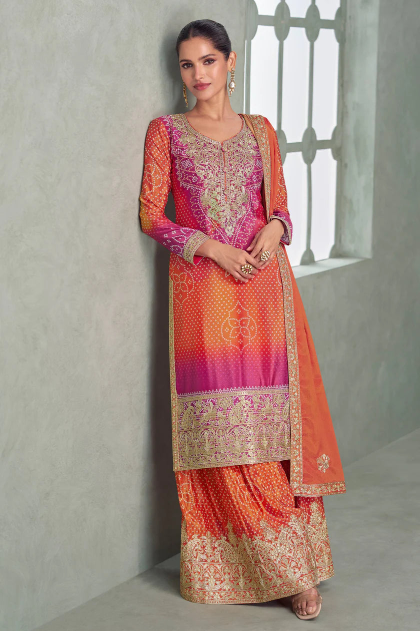 Bebika Chinon Silk  Embroidery Palazzo Suit Set