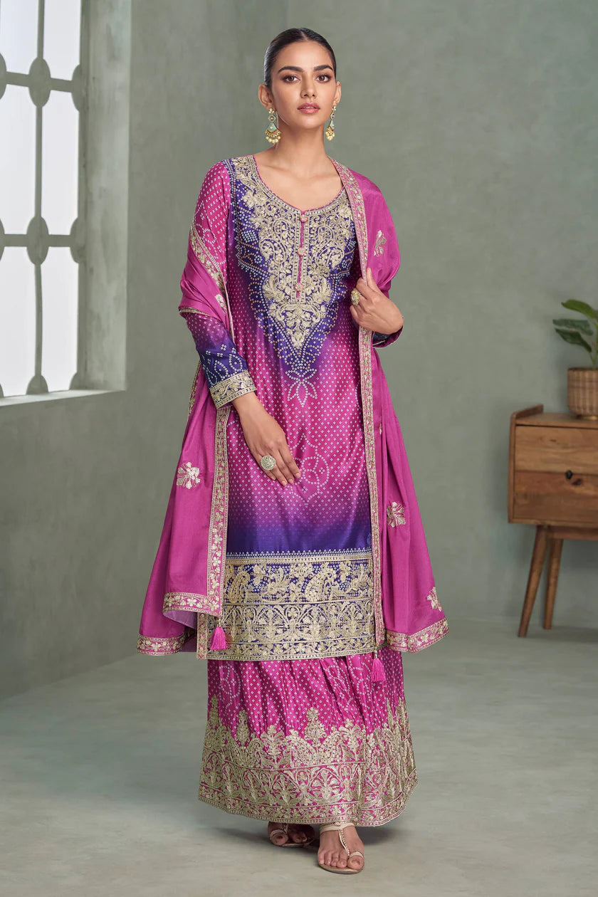 Bebika Chinon Silk  Embroidery Palazzo Suit Set