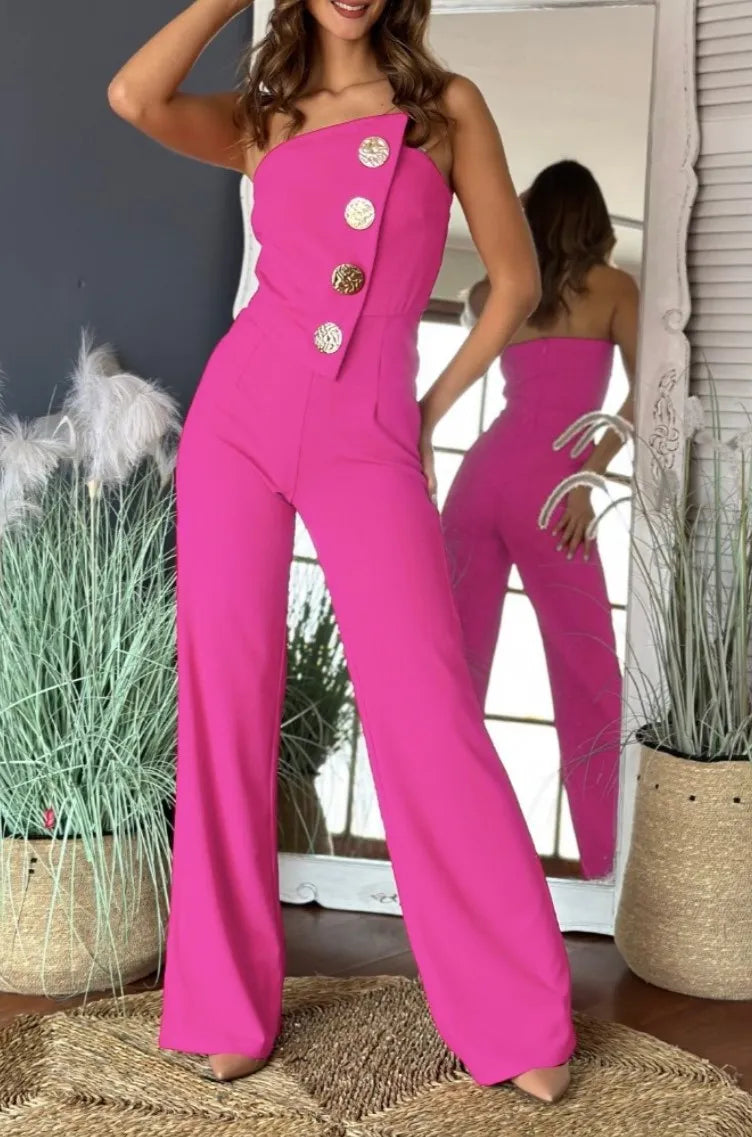 Solid Color Tube Top Gold Button Embellished Bootcut Jumpsuit