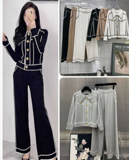 Elegant Turn Down Collar Long Sleeve Button Down Cardigan and straight pants knit two piece set women