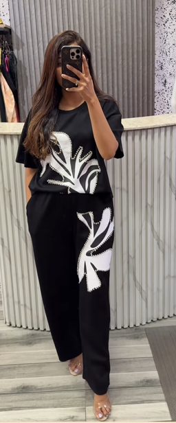 Women Printed With Rhinestone Work Co-Ord set Top And Pants