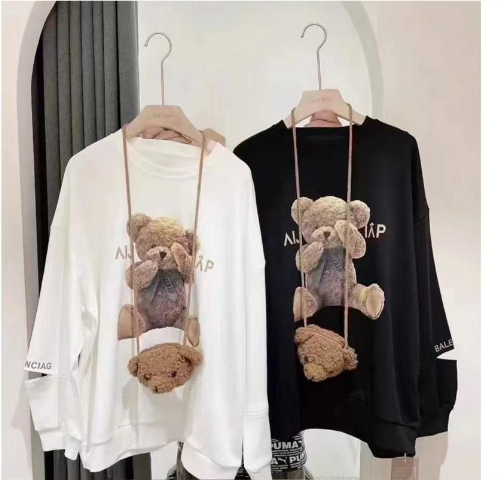 Women's Cute Bear Printed Front Crew Neck Loose Sweatshirt Pullover With Teddy Purse