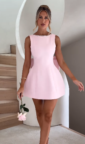 Pearl Beaded Backless Bow Flare Short Dress
