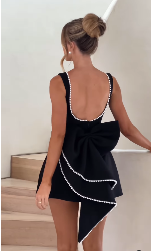 Pearl Beaded Backless Bow Flare Short Dress