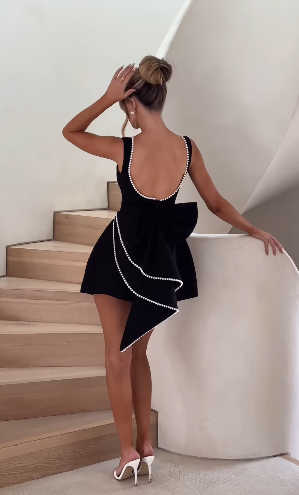 Pearl Beaded Backless Bow Flare Short Dress