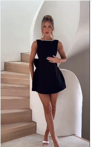 Pearl Beaded Backless Bow Flare Short Dress