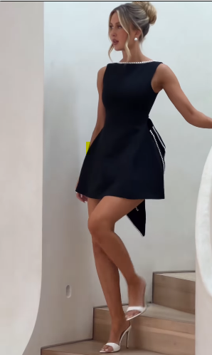 Pearl Beaded Backless Bow Flare Short Dress