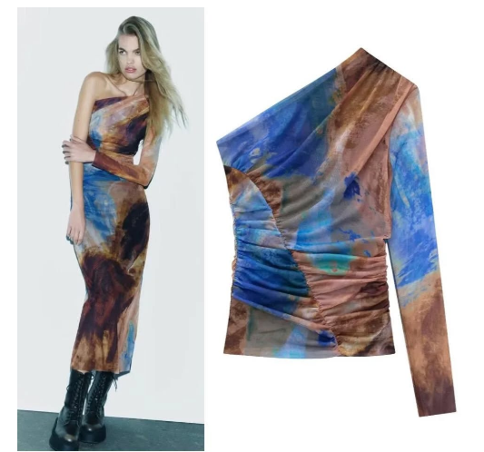 Tropical Print One Shoulder Ruched Mesh Top & Skirt Coord Set