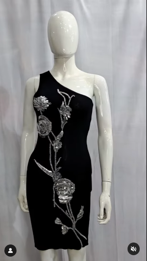 Jersey Draped Dress With Floral Appliqué